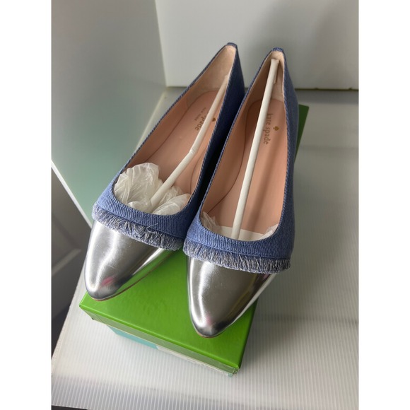 Kate Spade Nelly Denim Ballet Flats Silver Cap Toe Fringe‎ Women size 9.5 - Picture 7 of 9